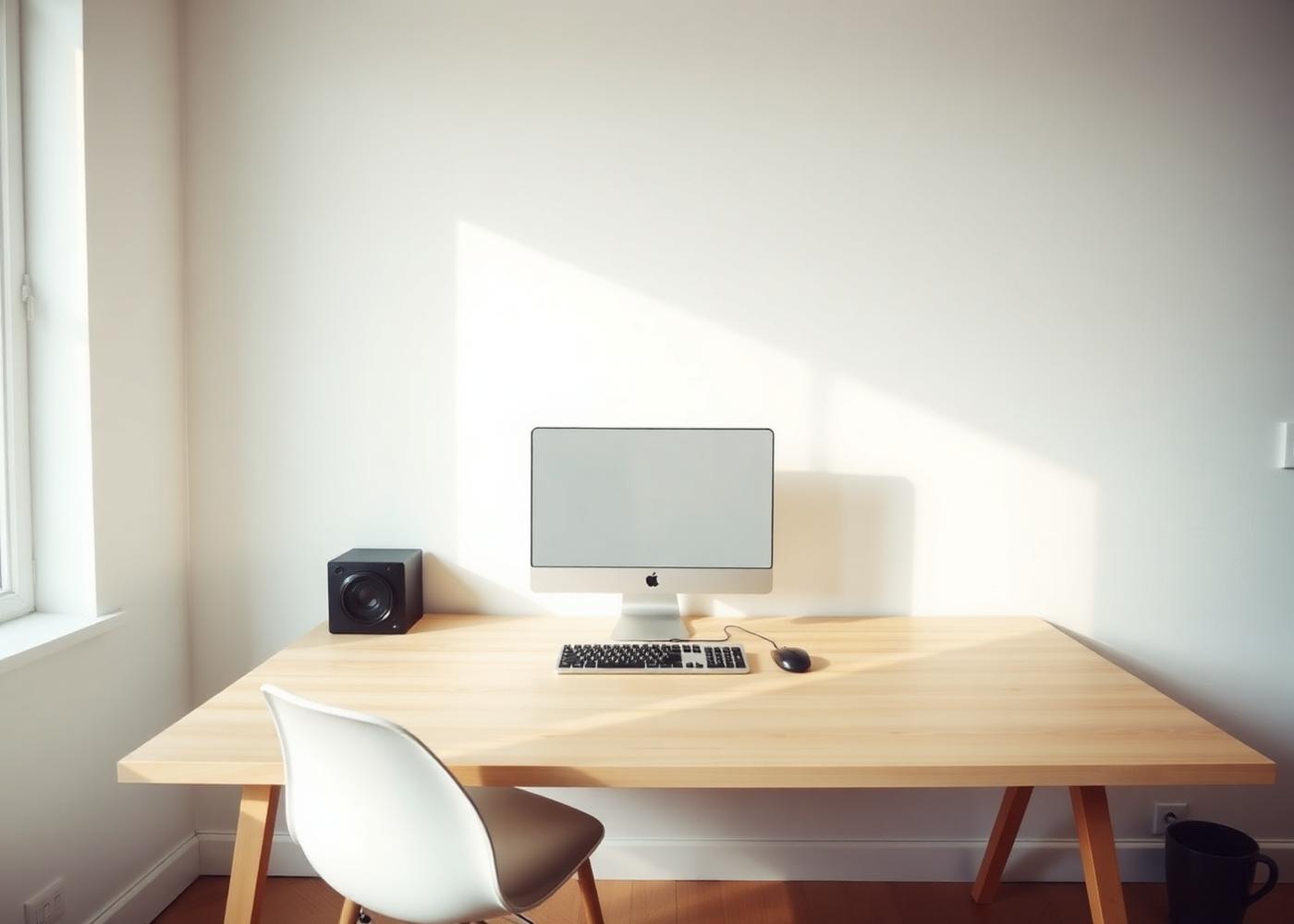 A pared-back desk with a single lamp, notebook and oak tray