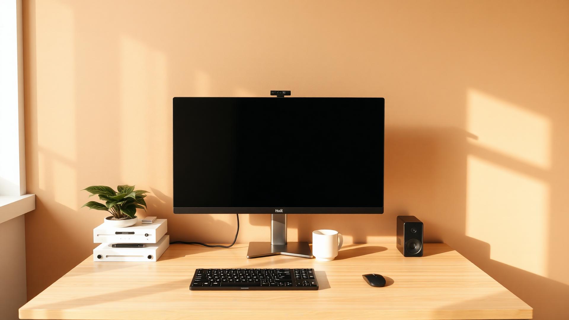 A warm, sunlit desk setup with a monitor, oak riser and beige desk mat